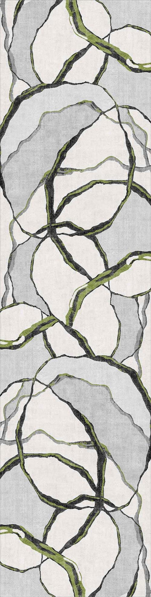 Load image 1 in gallery view. Tattered Grace - Washable Rug - JRN49 (Custom Size) features overlapping organic shapes in black, white, and gray with green and yellow accents, evoking natural veins—ideal as a modern rug for contemporary spaces.
