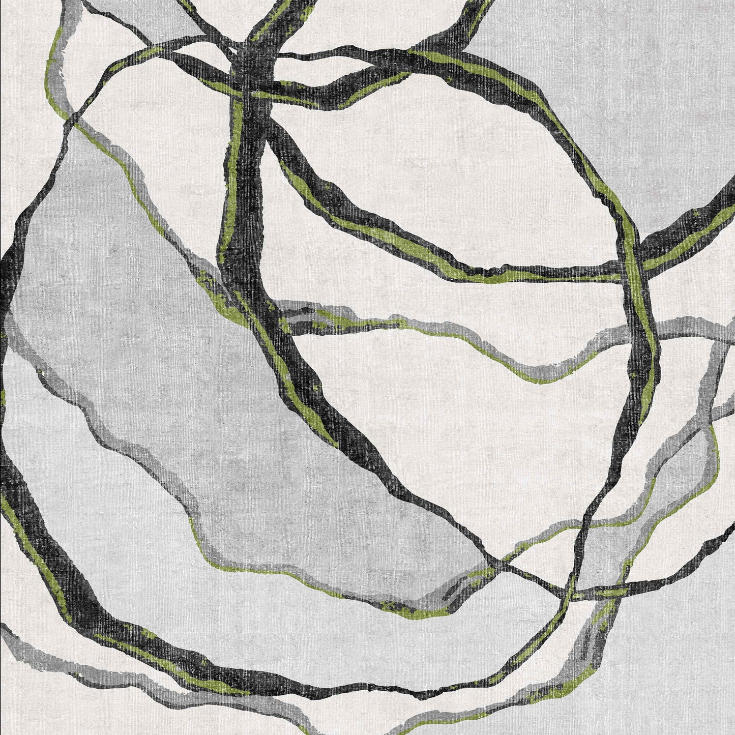 The Tattered Grace - Washable Rug - JRN49 (Custom Size) features overlapping, wavy lines in black, gray, and green on light gray for a modern, organic look reminiscent of flowing vines or roots.