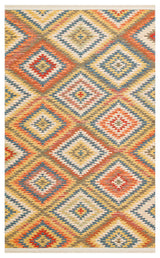 The Terra Thread - Kilim - NMD07 is a flatwoven polyester rug with repeating diamond patterns, filled with jagged tribal motifs in earthy red, blue, yellow, tan, and cream tones for a durable and stylish look.