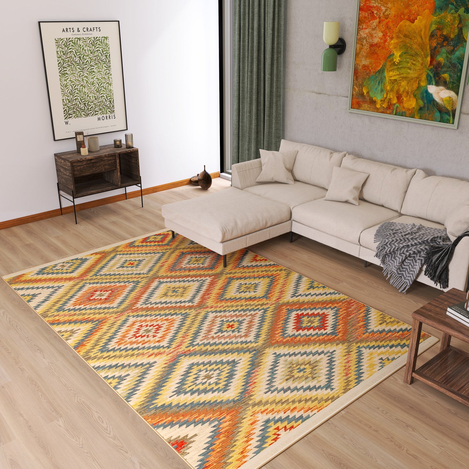 A modern living room with a light sectional sofa, wooden furniture and floors, green curtains, a colorful abstract painting, an Arts & Crafts poster, and the Terra Thread - Kilim - NMD07 rug featuring tribal motifs in yellow, red, and blue.