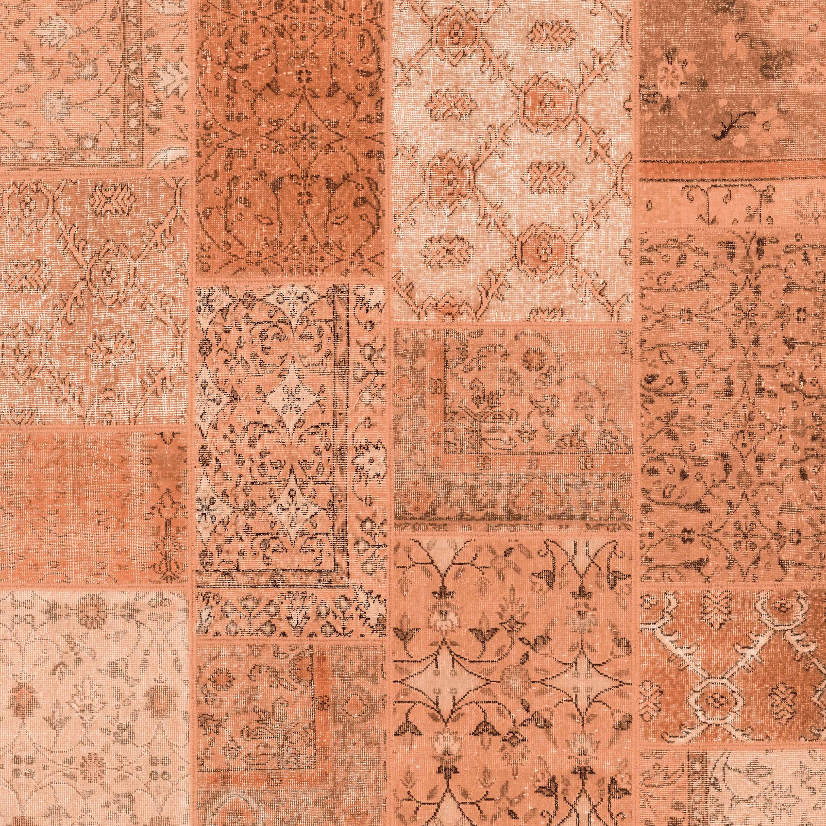 The Terracotta Patch - Washable Rug - JRN1037 (Custom Size) features rectangular burnt orange and beige panels with vintage-style floral and geometric patterns, offering varied detail and flat weave texture.