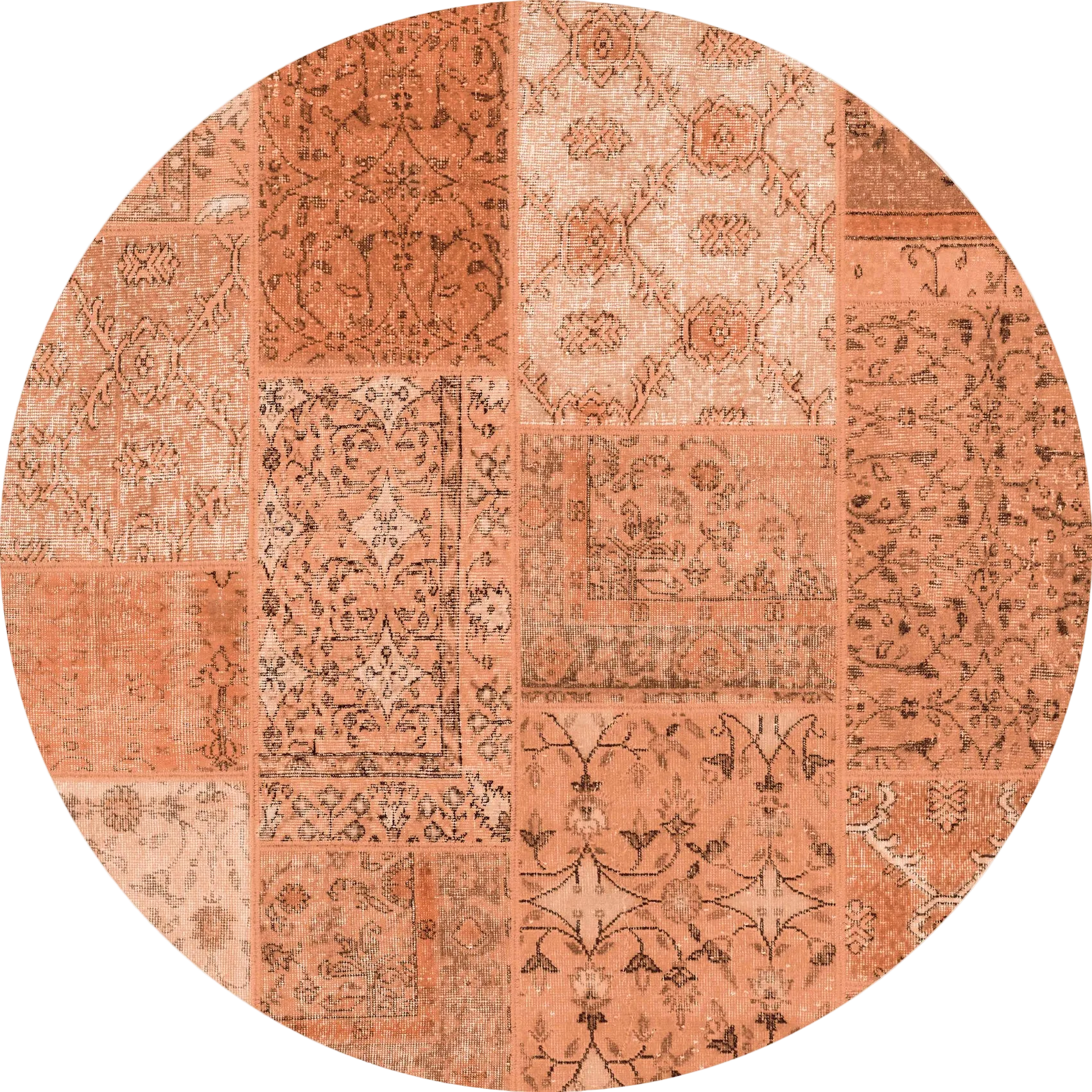 The Terracotta Patch - Washable Rug (JRN1037) is a round, flat weave rug in custom sizes, showcasing a patchwork design with orange and terracotta shades and detailed floral and geometric patterns in each section.