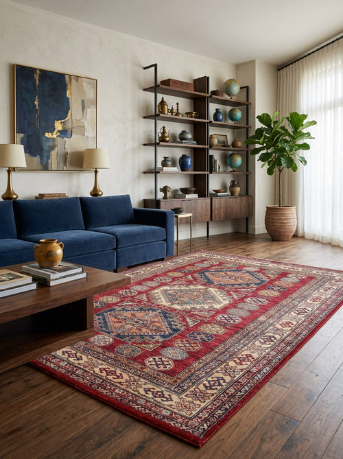 Load image 1 in gallery view. A stylish living room with a deep blue sofa, wooden coffee table, Time-Honored Textures Washable Rug - JR40 in red for high-traffic areas, modern shelving with decor, a potted plant, abstract wall art, and sheer curtains with natural light.
