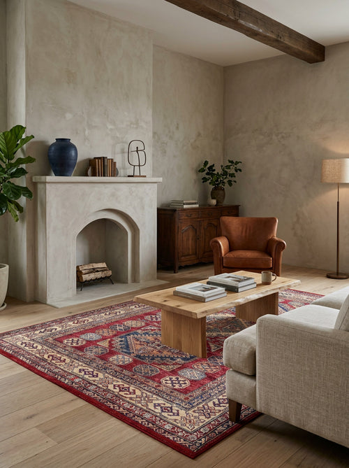 Load image 1 in gallery view. A cozy living room with a light beige sofa, leather chair, wooden coffee table, fireplace, houseplants, and the Time-Honored Textures Washable Rug - JR40—perfect for high-traffic areas. Books and decor accent the mantel and sideboard.