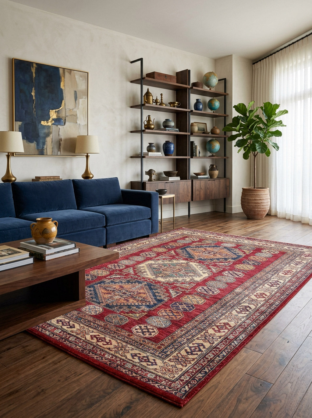 A stylish living room with a blue sofa, abstract wall art, shelves, potted plant, wooden coffee table, sheer curtains for natural light, and the Time-Honored Textures - Washable Rug - JR40 (Custom Size), ideal for high-traffic areas.