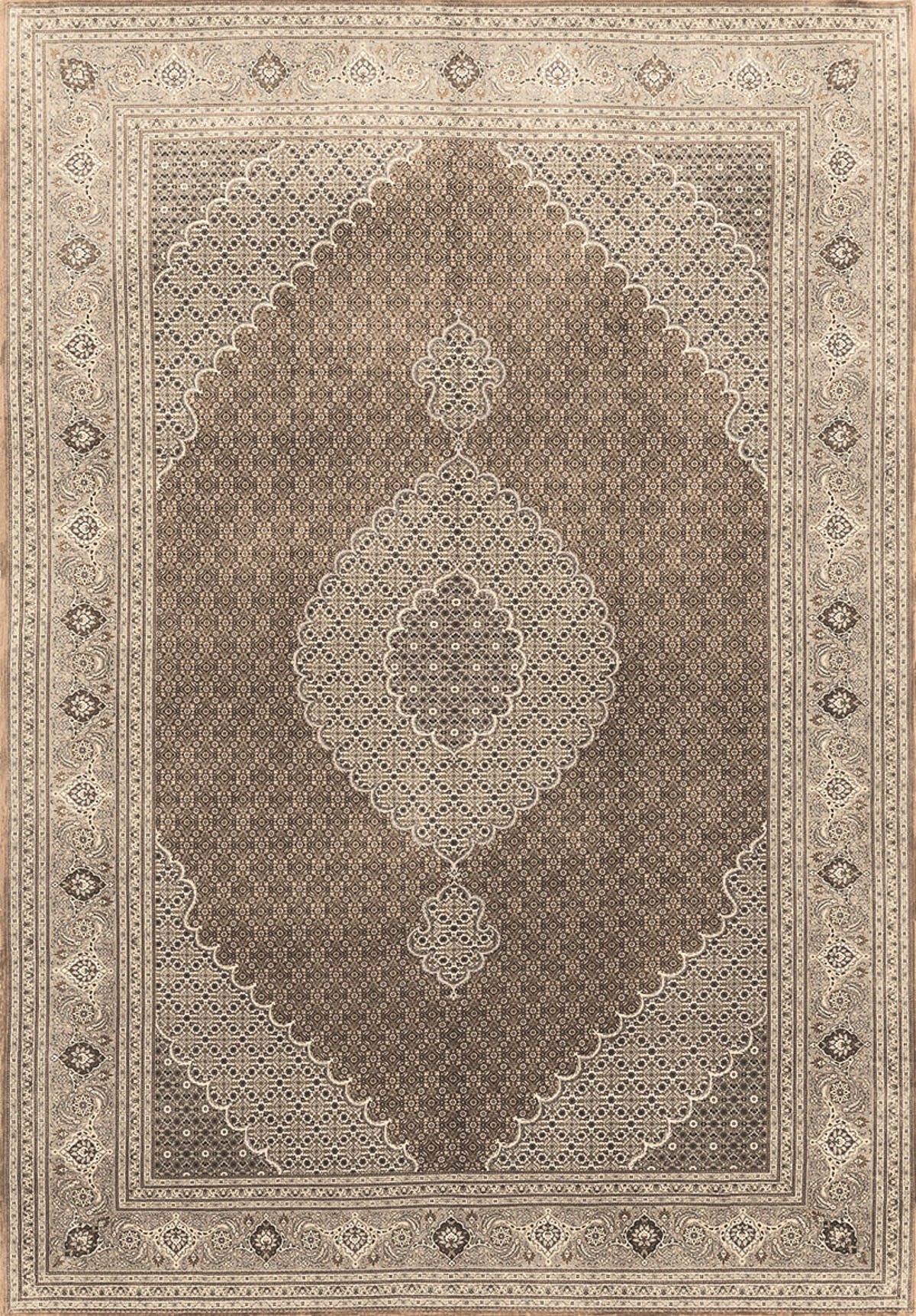 The Timeless Arabesque - Washable Rug (JRN1002) features an ornate Persian-inspired design with a large central medallion, smaller medallions above and below, and symmetrical borders in beige, brown, and cream shades.