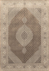 The Timeless Arabesque - Washable Rug (JRN1002) features an ornate Persian-inspired design with a large central medallion, smaller medallions above and below, and symmetrical borders in beige, brown, and cream shades.
