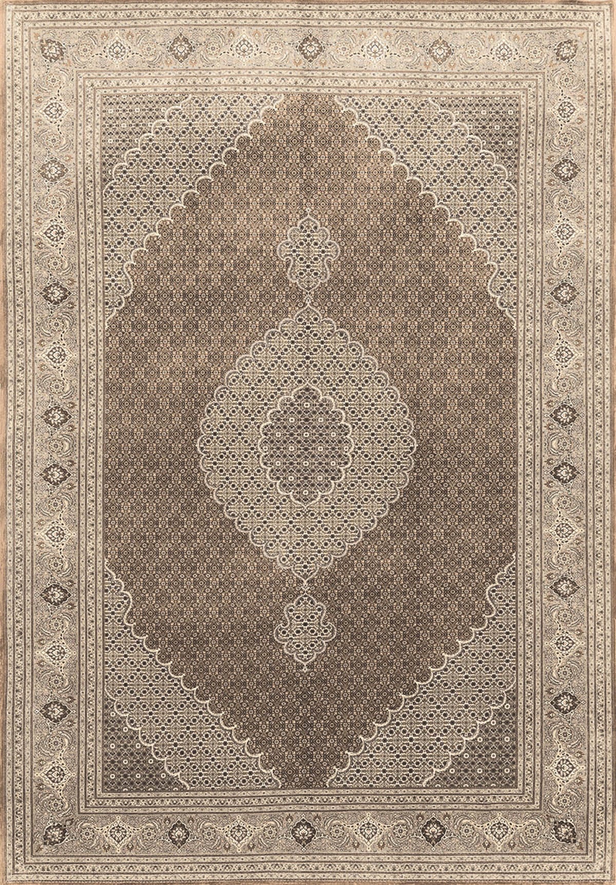 The Timeless Arabesque - Washable Rug - JRN1002 (Custom Size) is a rectangular flat weave in beige and brown, featuring an intricate central medallion, floral motifs, and ornate, symmetrical borders.