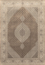 The Timeless Arabesque - Washable Rug - JRN1002 (Custom Size) is a rectangular flat weave in beige and brown, featuring an intricate central medallion, floral motifs, and ornate, symmetrical borders.