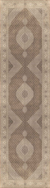 The Timeless Arabesque - Washable Rug - JRN1002 (Custom Size) features a rectangular brown and beige flat weave with geometric diamonds, ovals, intricate borders, and symmetrical patterns—combining style and practicality for any space.