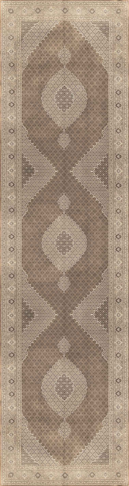 Load image 1 in gallery view. The Timeless Arabesque - Washable Rug - JRN1002 (Custom Size) features a rectangular brown and beige flat weave with geometric diamonds, ovals, intricate borders, and symmetrical patterns—combining style and practicality for any space.