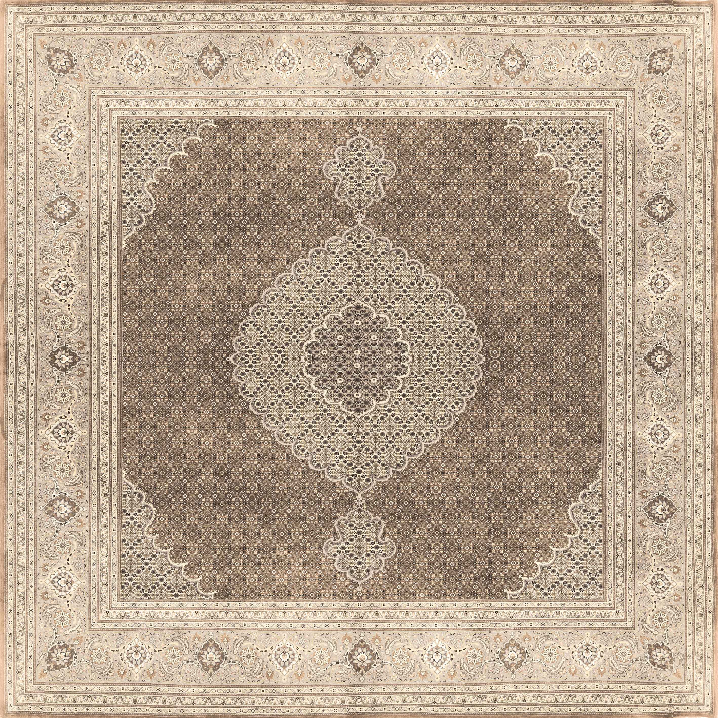 The Timeless Arabesque - Washable Rug - JRN1002 (Custom Size) is a rectangular Persian-style flat weave featuring geometric and floral patterns in beige, tan, and brown with a striking medallion and ornate borders.