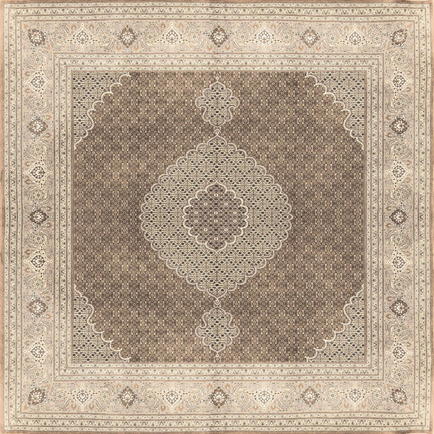 The Timeless Arabesque - Washable Rug - JRN1002 (Custom Size) is a rectangular Persian-style flat weave featuring geometric and floral patterns in beige, tan, and brown with a striking medallion and ornate borders.