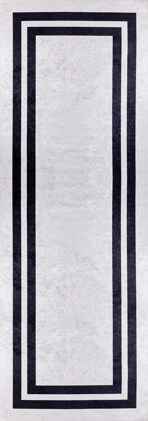 Load image 1 in gallery view. The Timeless Border - Washable Rug - JR572 is a rectangular gray-anthracite rug with a light gray background and two thick black borders, offering minimal geometric style and modern, easy-care convenience for any space.