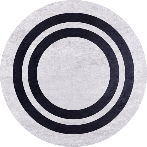 Load image 1 in gallery view. The Timeless Border - Washable Rug - JR572 features a round, light gray-anthracite design with three bold black concentric circles near the center for a minimalist geometric look. Durable and conveniently washable.