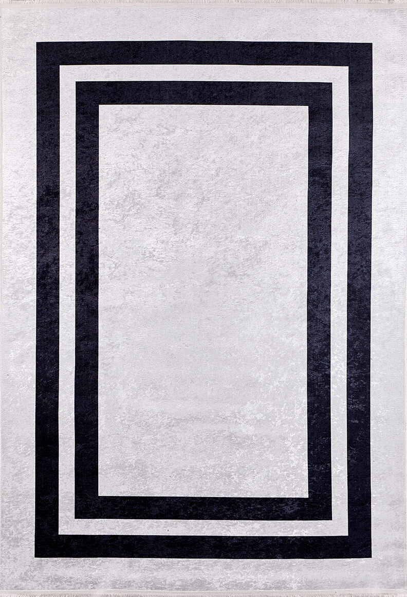 The Timeless Border - Washable Rug - JR572 (Custom Size) features a light gray background with two black rectangular borders, offering a modern geometric look in gray-anthracite tones—perfect for high-traffic areas.