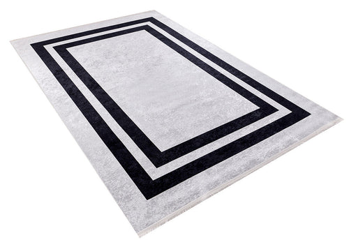 Load image 1 in gallery view. The Timeless Border - Washable Rug - JR572 (Custom Size) features a rectangular gray-anthracite design with a light gray background and two bold black borders, creating a modern geometric look. Ideal for high-traffic areas, shown on a white background.