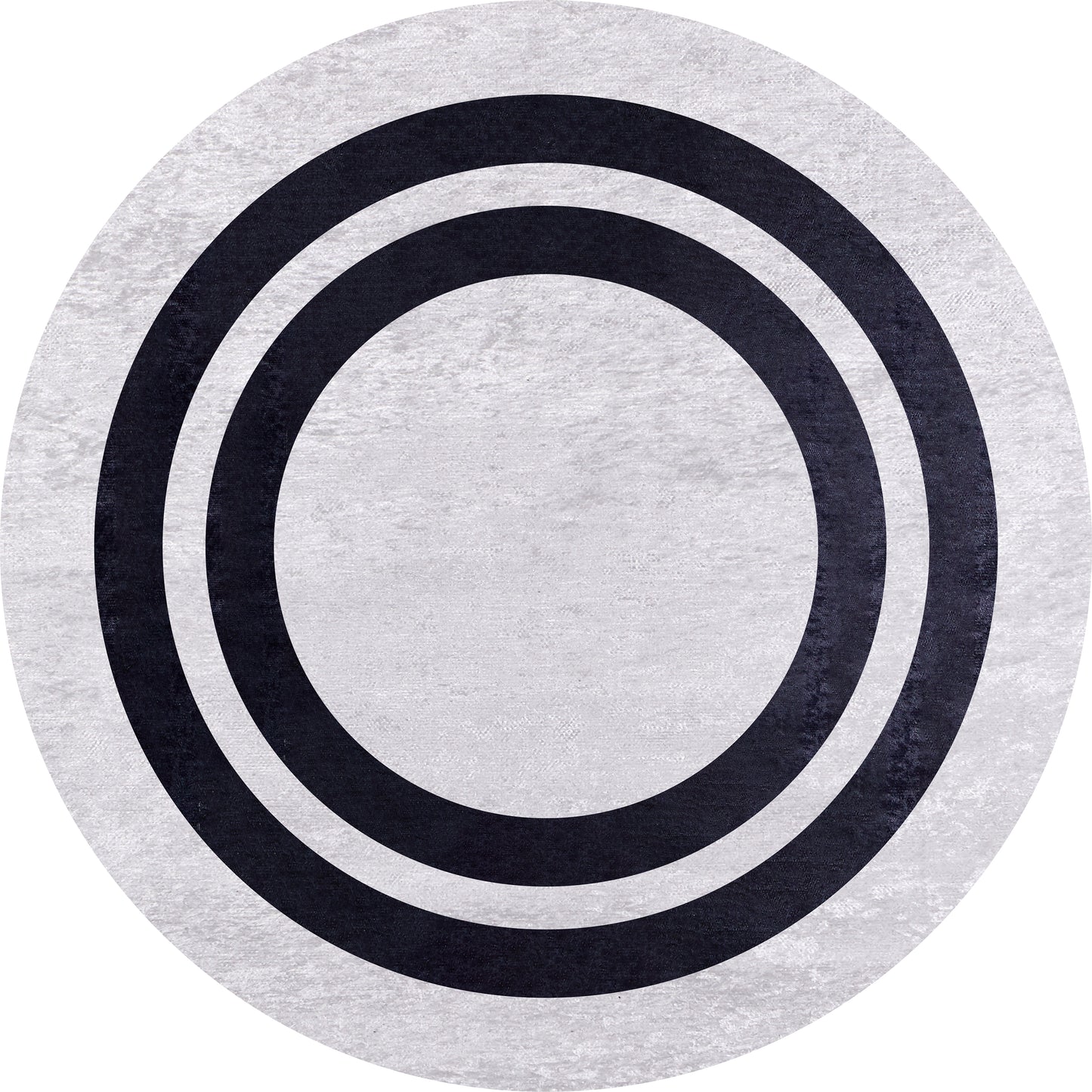 The Timeless Border - Washable Rug - JR572 (Custom Size) features a round, gray-anthracite design with a light gray background and three bold black concentric circles—perfect for high-traffic, modern spaces.