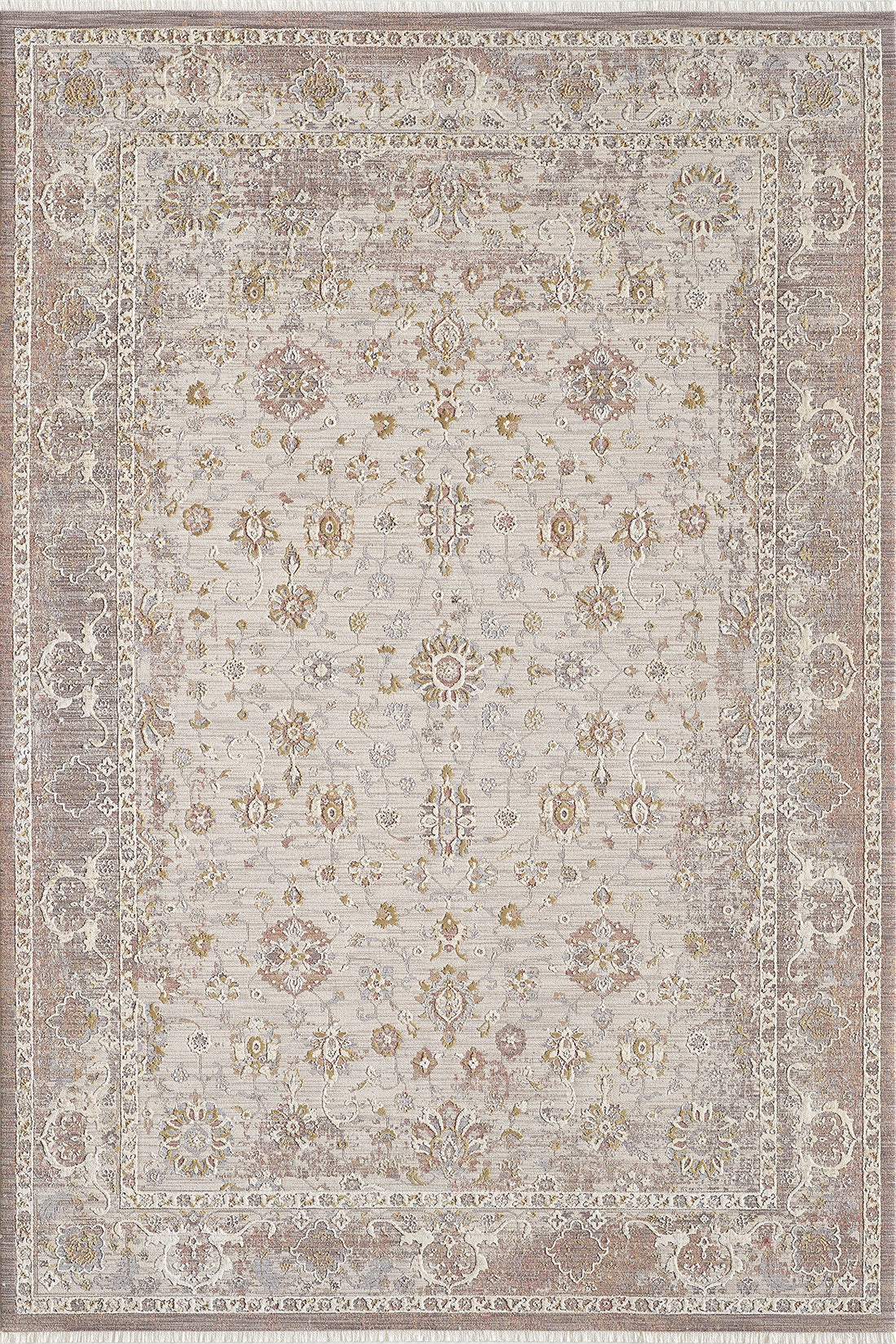 The Timeless Petals Oushak Rug - Sand - M621N showcases an intricate floral and vine design in beige, cream, gold, and muted brown, framed by a detailed ornamental border.