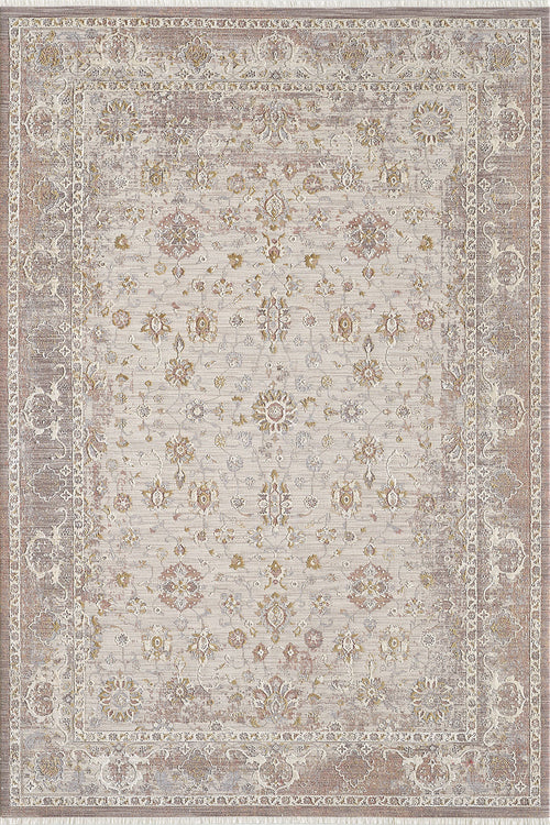 Bild 1 in Galerieansicht laden. The Timeless Petals Oushak Rug - Sand - M621N showcases an intricate floral and vine design in beige, cream, gold, and muted brown, framed by a detailed ornamental border.