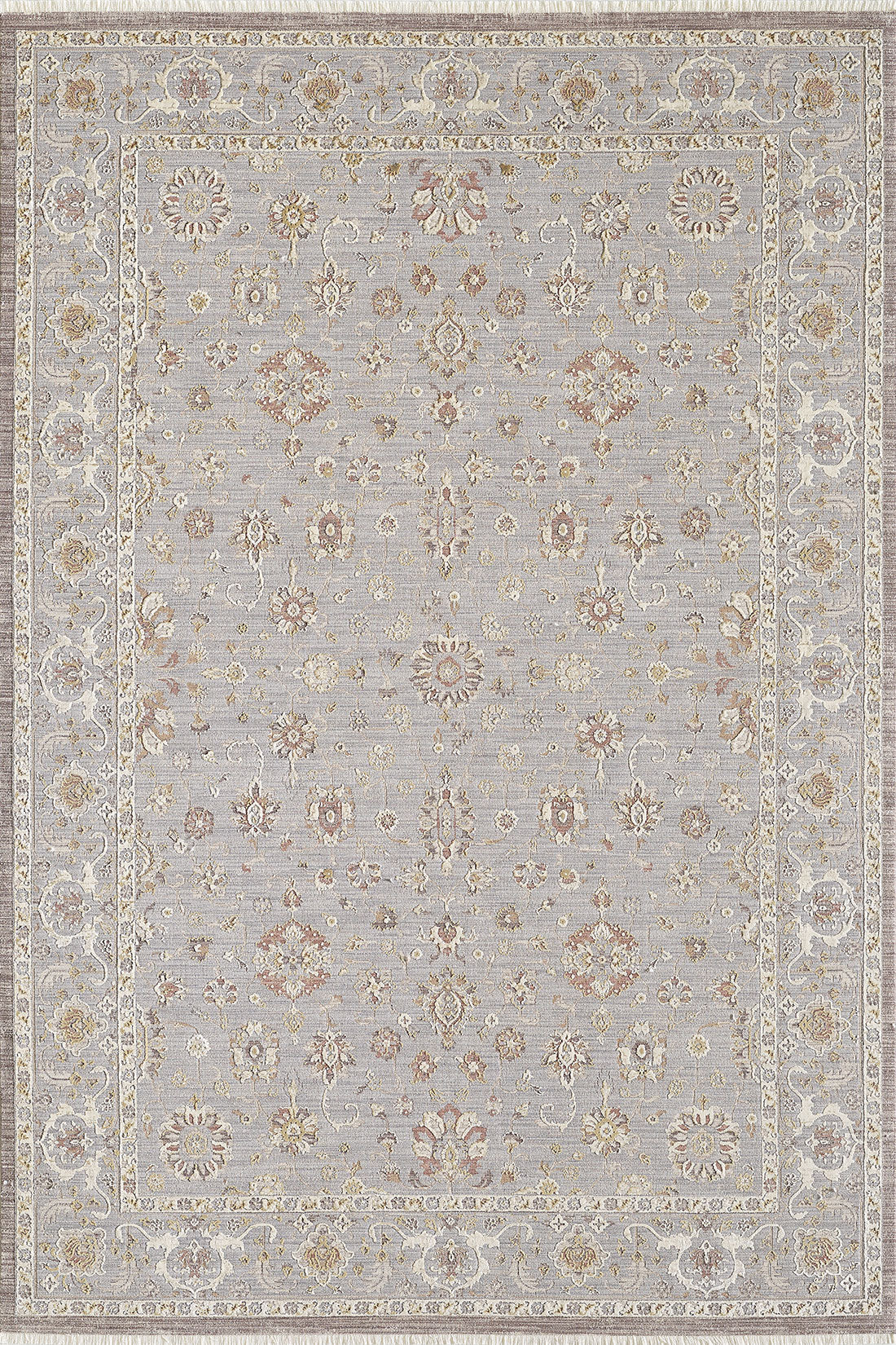 The Timeless Petals Oushak Rug - Silver - M621O is a luxury area rug with a light gray background and an intricate floral and vine pattern in beige, cream, gold, and muted red, finished with an ornate cream and gold border. Machine-made for elegance and durability.