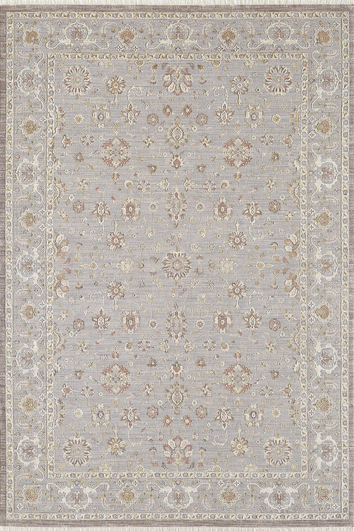 Bild 1 in Galerieansicht laden. The Timeless Petals Oushak Rug - Silver - M621O is a luxury area rug with a light gray background and an intricate floral and vine pattern in beige, cream, gold, and muted red, finished with an ornate cream and gold border. Machine-made for elegance and durability.