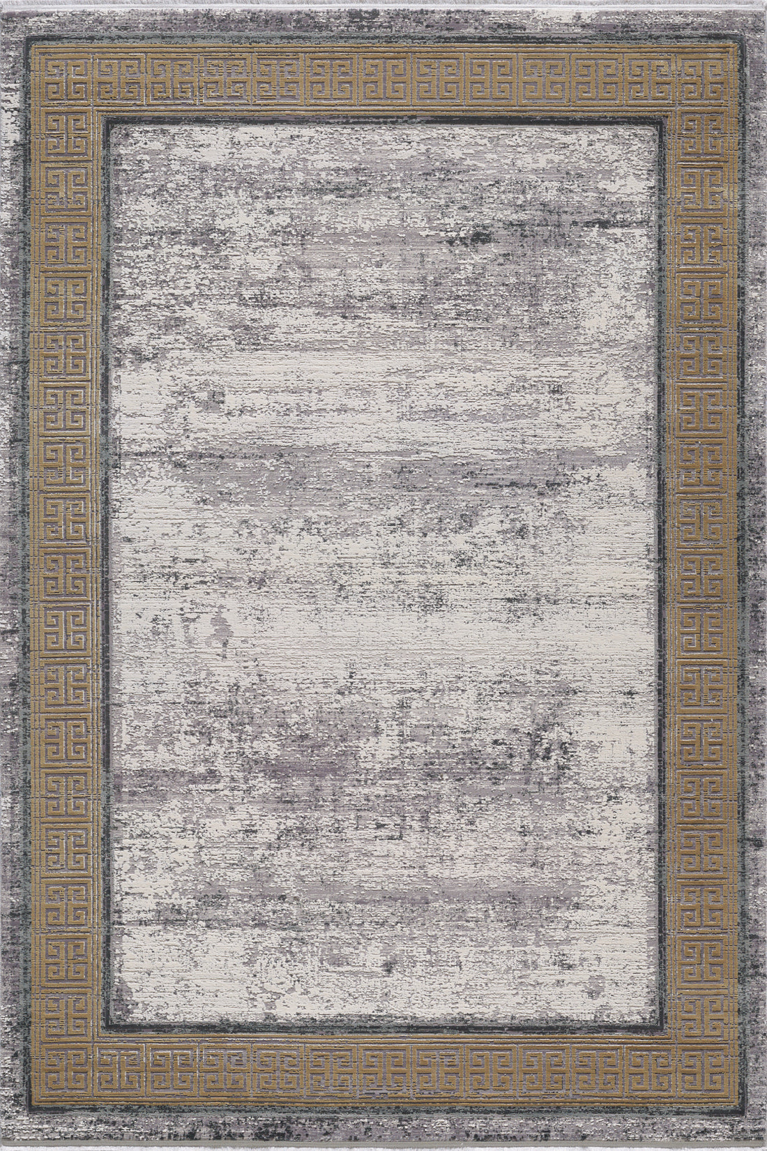 The Timeless Remix Bordered Rug - Beige - MT187 is a rectangular, machine-made rug featuring a distressed light gray center, gold Greek key border, dark trim edges, and an acrylic-viscose blend for a vintage look.