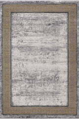 The Timeless Remix Bordered Rug - Beige - MT187 is a rectangular, machine-made rug featuring a distressed light gray center, gold Greek key border, dark trim edges, and an acrylic-viscose blend for a vintage look.