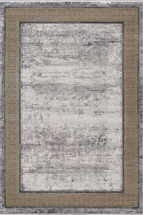 Load image 1 in gallery view. The Timeless Remix Bordered Rug - Beige - MT187 is a rectangular, machine-made rug featuring a distressed light gray center, gold Greek key border, dark trim edges, and an acrylic-viscose blend for a vintage look.