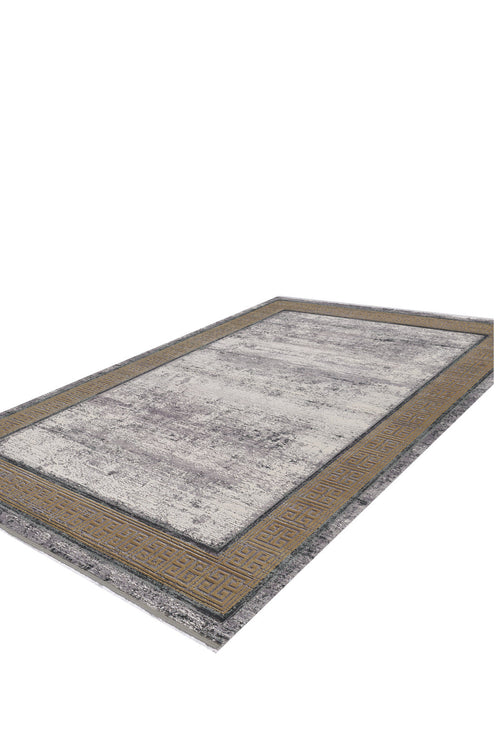 Load image 1 in gallery view. The Timeless Remix Bordered Rug - Beige - MT187 is a rectangular acrylic-viscose rug with a textured gray surface, wide gold and brown geometric border, and white background, featuring a classic Greek key design.