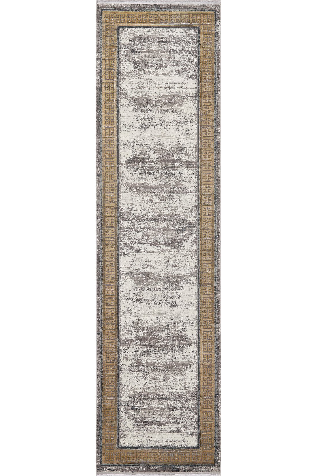 The Timeless Remix Bordered Rug - Beige - MT187 is a rectangular acrylic-viscose rug with a distressed cream and gray center and a wide golden-brown Greek key border, offering a classic, elegant look.