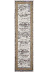 The Timeless Remix Bordered Rug - Beige - MT187 is a rectangular acrylic-viscose rug with a distressed cream and gray center and a wide golden-brown Greek key border, offering a classic, elegant look.