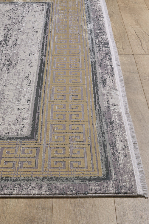 Load image 1 in gallery view. A close-up of the Timeless Remix Bordered Rug - Beige - MT187, a machine-made acrylic-viscose rug with a geometric gold and gray border, light fringe on one edge, displayed on a light wooden floor.