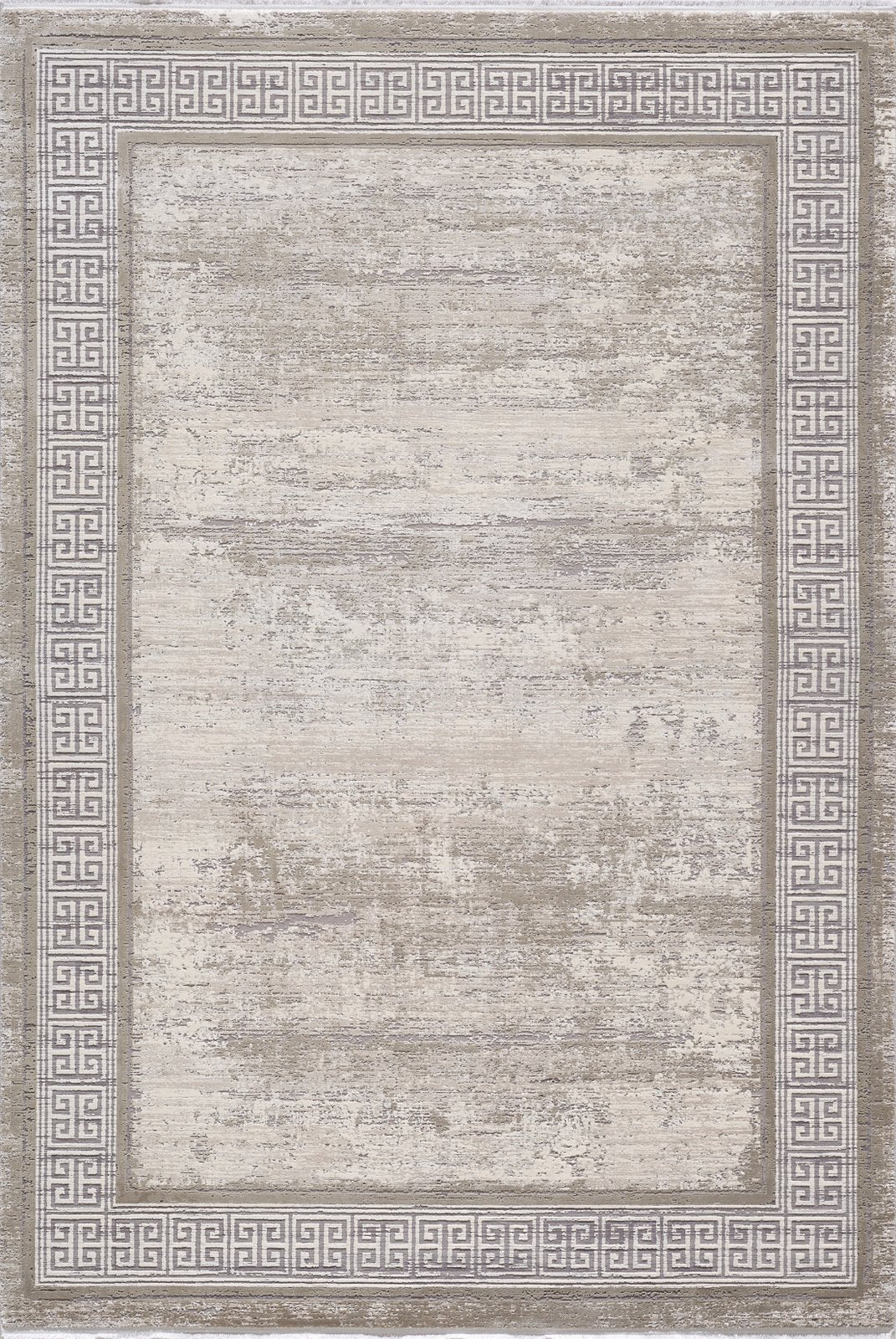 The Timeless Remix Bordered Rug - Cream - MT189 is a rectangular, machine-made rug featuring a distressed beige and ivory center with a gray Greek key border and a thin dark stripe frame.
