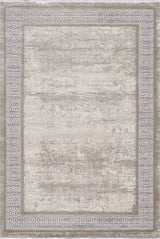 The Timeless Remix Bordered Rug - Cream - MT189 is a rectangular, machine-made rug featuring a distressed beige and ivory center with a gray Greek key border and a thin dark stripe frame.