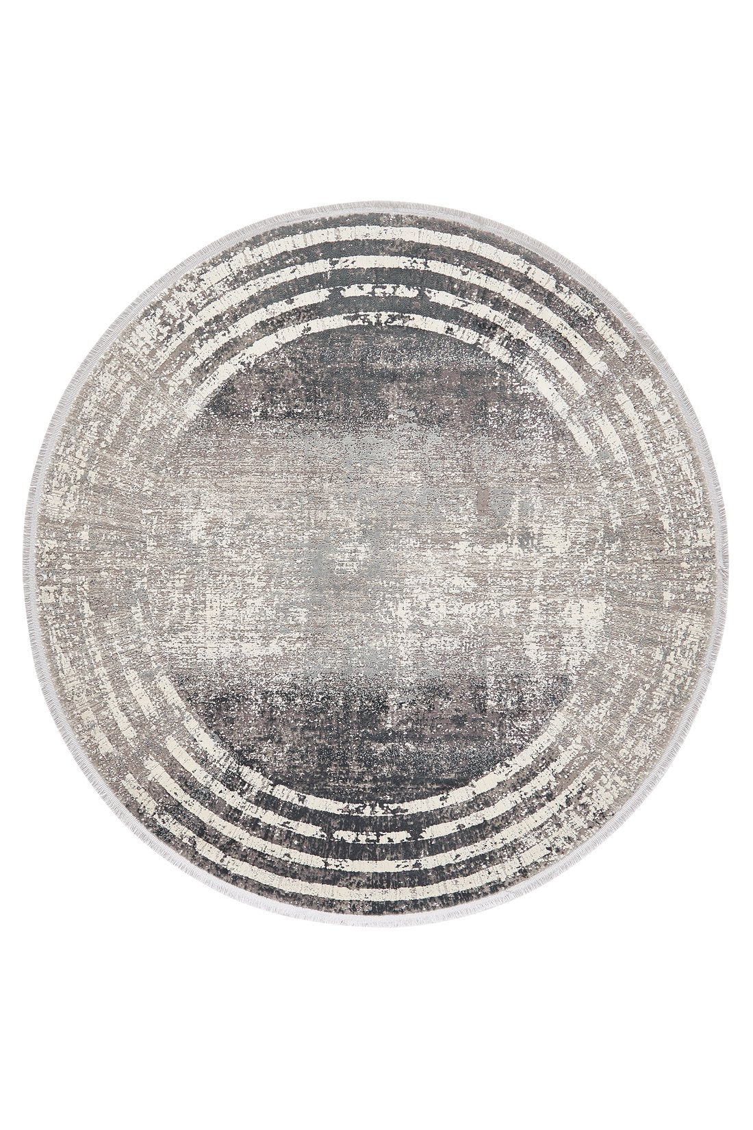 The Timeless Remix Bordered Rug - Cream - MT189 is a round, machine-made rug with a distressed gray and beige look, concentric ring borders, and a worn, textured center.