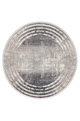 The Timeless Remix Bordered Rug - Cream - MT189 is a round, machine-made rug with a distressed gray and beige look, concentric ring borders, and a worn, textured center.