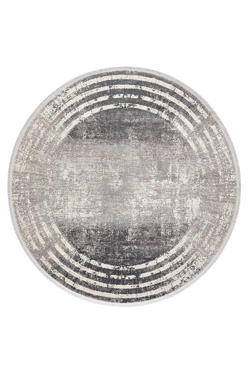 Load image 1 in gallery view. The Timeless Remix Bordered Rug - Cream - MT189 is a round, machine-made rug with a distressed gray and beige look, concentric ring borders, and a worn, textured center.