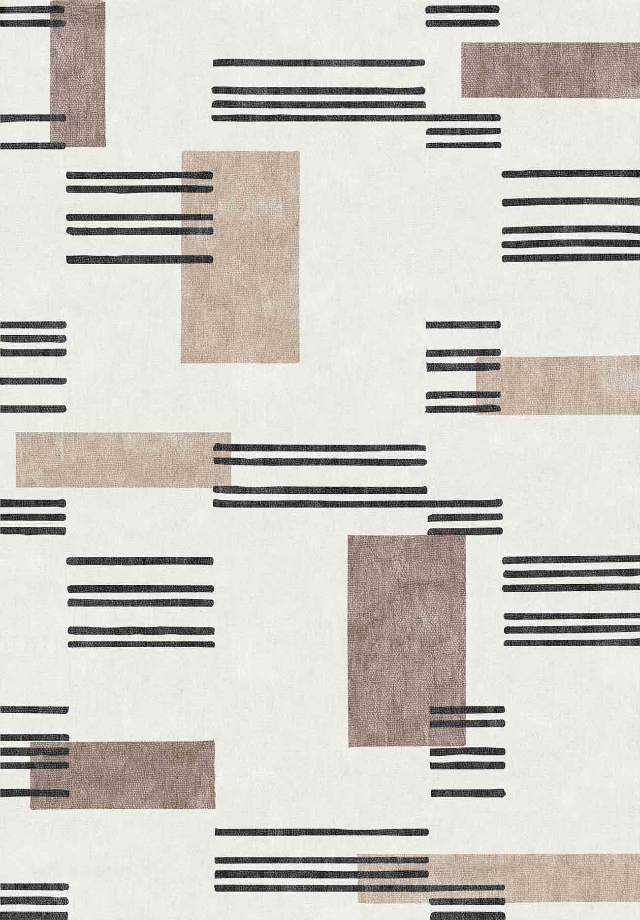 The Timeless Scroll - Washable Rug - JRN45 features a modern geometric pattern with beige and brown rectangles and horizontal black lines on a light background, offering a scattered, minimalist look ideal for contemporary interiors.