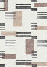 The Timeless Scroll - Washable Rug - JRN45 features a modern geometric pattern with beige and brown rectangles and horizontal black lines on a light background, offering a scattered, minimalist look ideal for contemporary interiors.