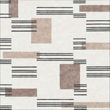 The Timeless Scroll - Washable Rug - JRN45 features an abstract geometric pattern with beige, brown, and taupe rectangles and black lines on white—a stylish, washable choice for contemporary interiors and high-traffic areas.