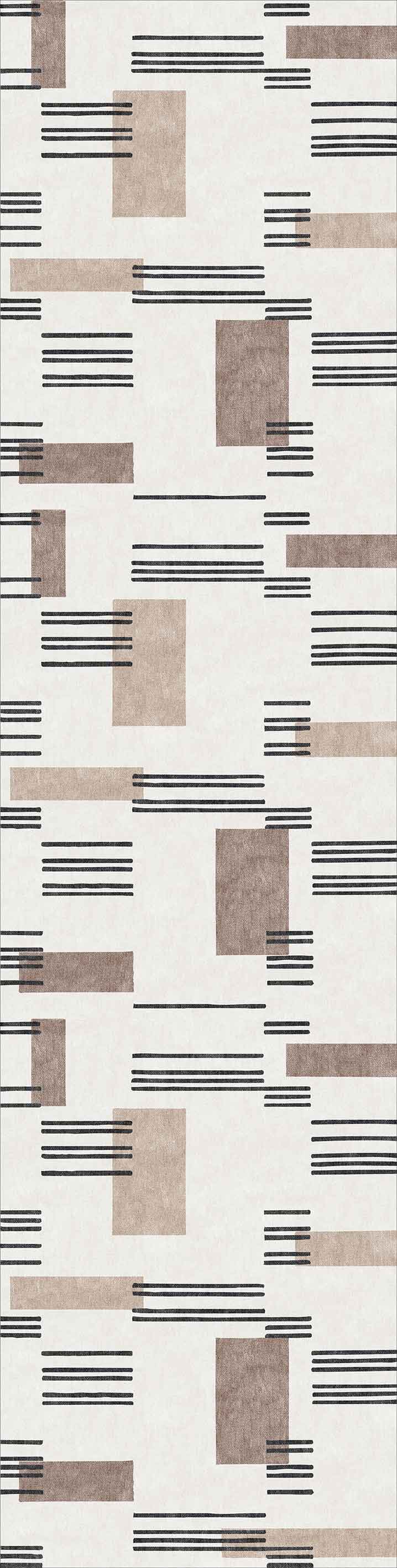 The Timeless Scroll - Washable Rug - JRN45 features a modern, abstract design with beige and brown rectangles over a light background, intersected by horizontal black lines—perfect for high-traffic areas and contemporary interiors.