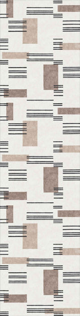 The Timeless Scroll - Washable Rug - JRN45 features a modern, abstract design with beige and brown rectangles over a light background, intersected by horizontal black lines—perfect for high-traffic areas and contemporary interiors.