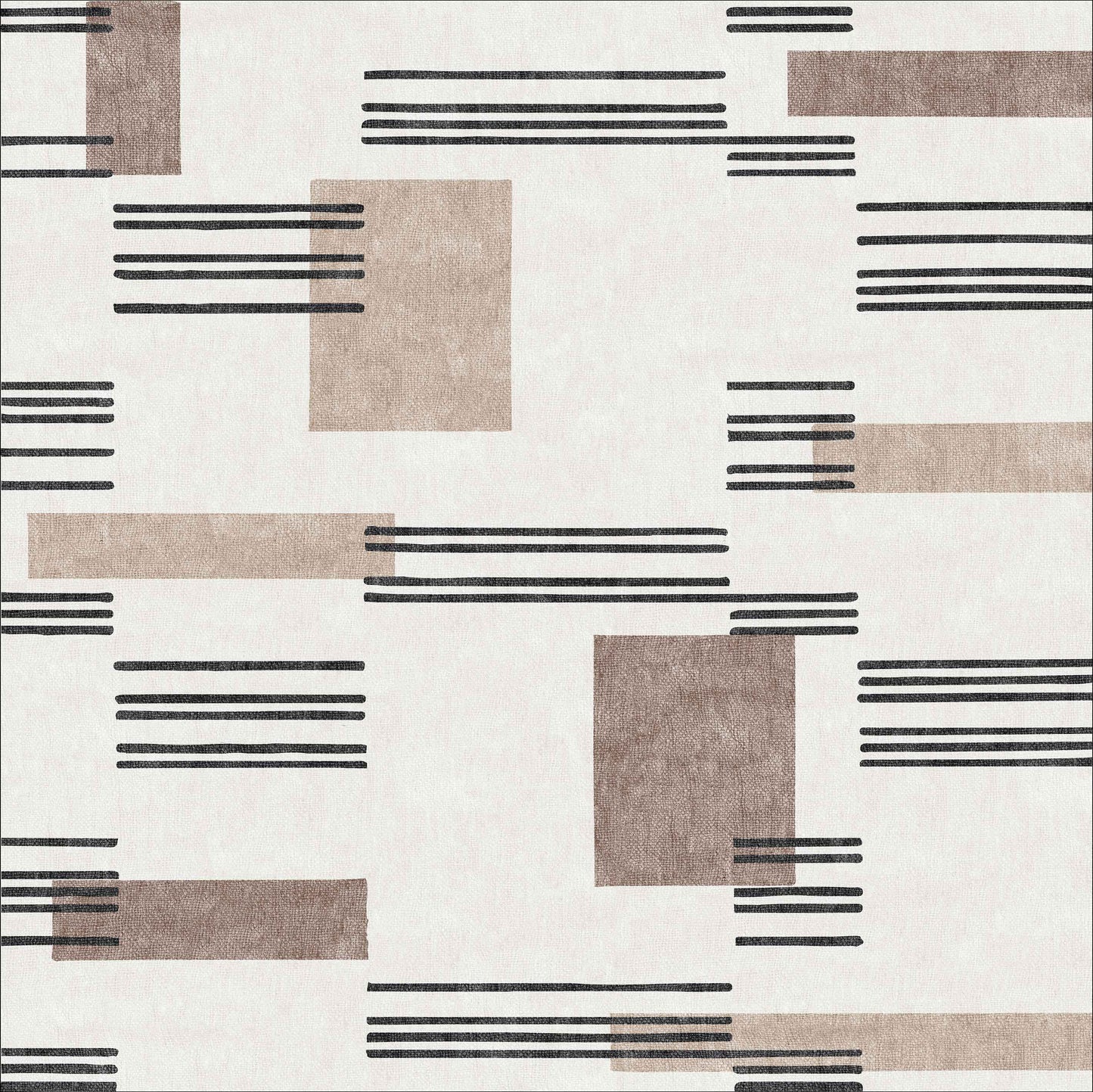 The Timeless Scroll - Washable Rug - JRN45 (Custom Size) features tan and brown rectangles with parallel black lines on a light beige background—a modern, minimalist design ideal for contemporary spaces and high-traffic areas.