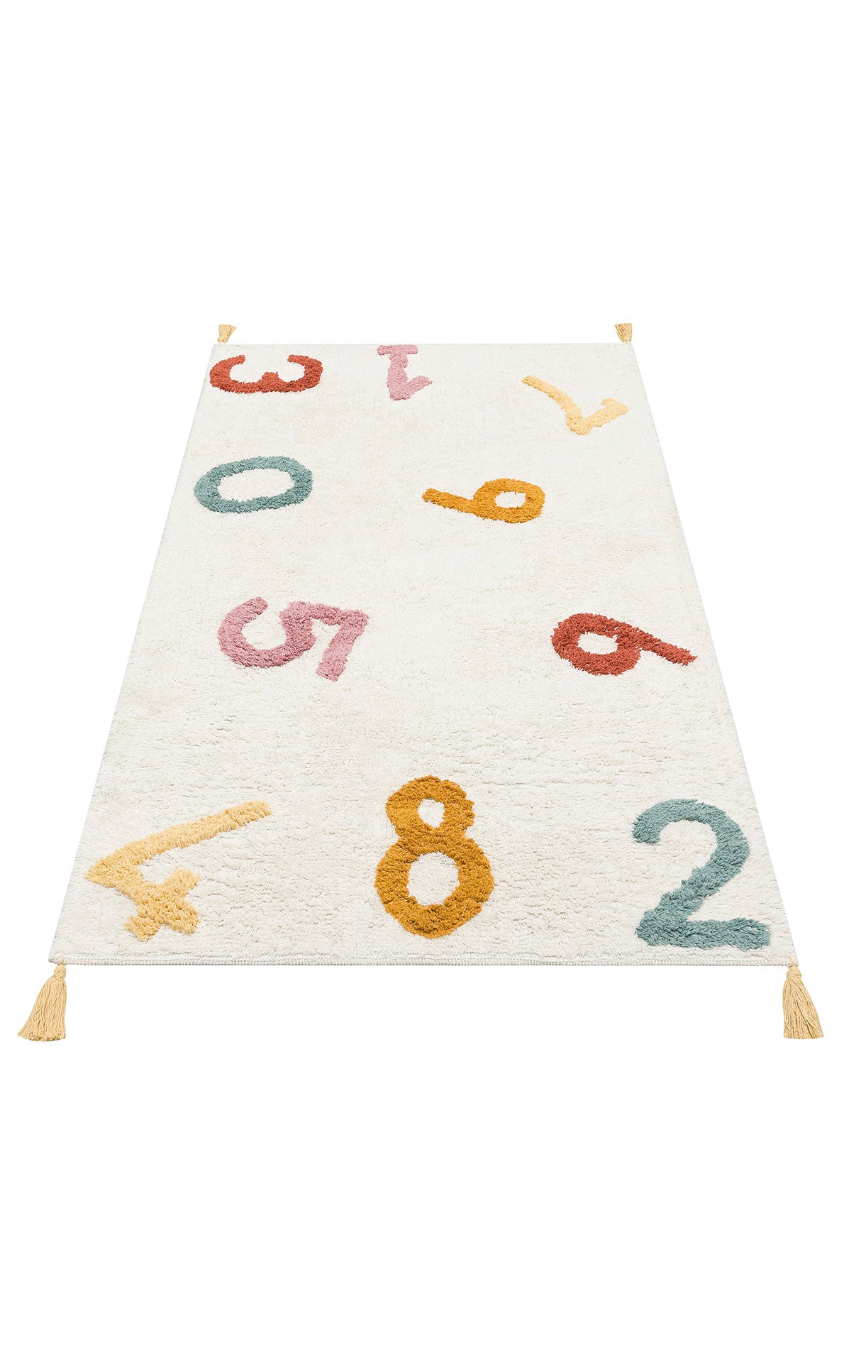 The Tiny Joy - Washable Shaggy - CBN02 is a rectangular white kids’ room rug with colorful yellow, red, green, and pink numbers and yellow tassels at each corner, adding a playful touch to any space.
