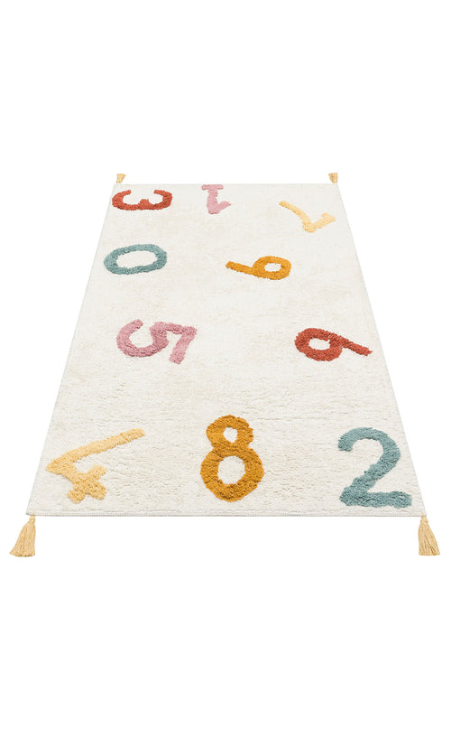 Load image 1 in gallery view. The Tiny Joy - Washable Shaggy - CBN02 is a rectangular white kids’ room rug with colorful yellow, red, green, and pink numbers and yellow tassels at each corner, adding a playful touch to any space.