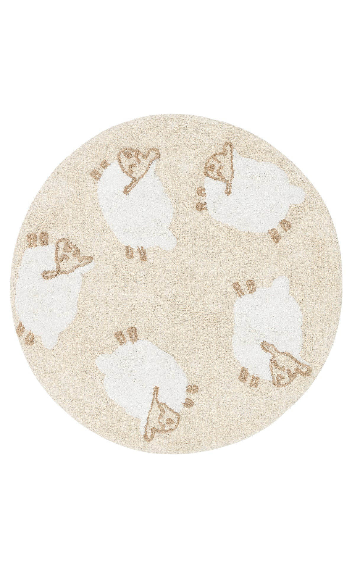The Tiny Motion - Washable Shaggy - CBN11 is a round beige cotton shag rug with five white sheep, each outlined in light brown and facing different directions. The shaggy rug is washable for easy maintenance.