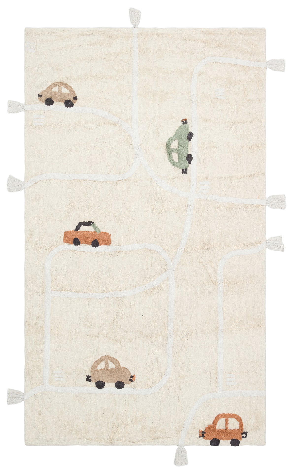 The Tiny Voyage - Washable Shaggy - CBN09 is a beige cotton kids rug with a white road design, five colorful cars in green, orange, and brown, plus playful tassels on every corner and side—ideal for little racers’ playrooms.
