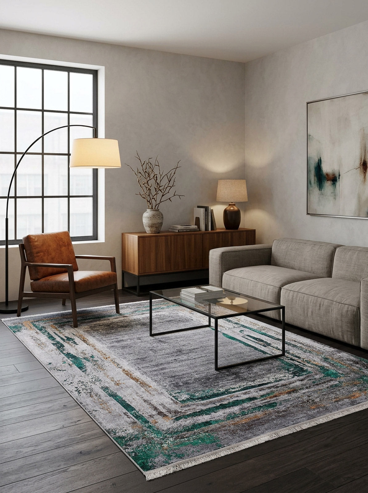 Modern living room with a gray sofa, leather armchair, glass-top coffee table, Traditional and Classic - Washable Rug - JR1543, wooden sideboard, floor lamp, abstract wall art, and large window—minimalist neutral decor perfect for high-traffic spaces.