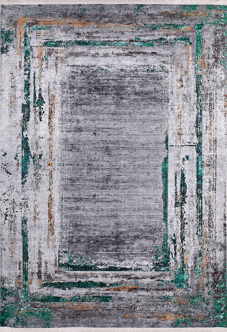 The Traditional and Classic - Washable Rug - JR1543 (Custom Size) features a durable, distressed rectangular border in gray, teal, and brown with layered, weathered patterns around a lighter gray central area.